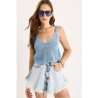 Bianco Lucci Women's Textured V-Neck Sleeveless Fitted Crop Blouse in Baby Blue