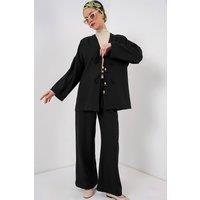 Big Dart Women's V-Neck Cardigan & Wide Leg Pants Set in Black | Size: Small