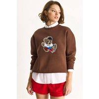 Bianco Lucci Women's Embroidered Crew Neck Long Sleeve Sweatshirt in Chocolate | Size: Large