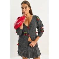 Bianco Lucci Women's V-Neck Fruit Embroidered Knitwear Cardigan in Charcoal