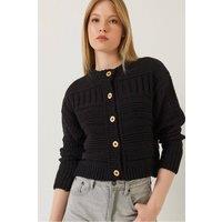 Bianco Lucci Women's Buttoned Cardigan with Crew Neck in Black