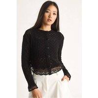 Bianco Lucci Women's Lace Detailed Buttoned Knit Cardigan in Black