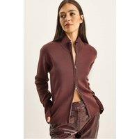Bianco Lucci Women's Half Turtleneck Ribbed Knit Cardigan with Zipper in Burgundy