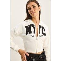 Bianco Lucci Women's Hooded Printed Slim Fit Crop Cardigan in White | Size: Large