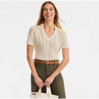 Lands' End Women's Short Sleeve Cotton Pointelle Knit Polo in Cream | Size: 20