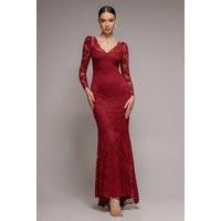 Goddiva Women's Fit & Flare Scallop Lace V Neck Maxi Dress in Burgundy | Size: 12