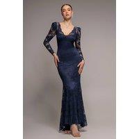 Goddiva Women's Fit & Flare Scallop Lace V Neck Maxi Dress in Navy | Size: 12