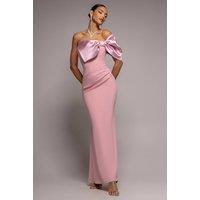 Goddiva Women's Off The Shoulder Satin Bow Neck Maxi Dress in Light Pink | Size: 14