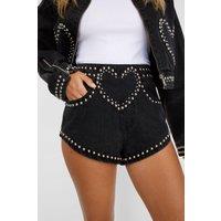 NastyGal Women's Heart Studded Denim Hotpant Short in Washed Black | Size: 10