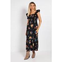 Dorothy Perkins Women's Black Floral Shirred Bodice Frill Sleeve Tiered Hem Printed Poplin Maxi Dress | Size: 12