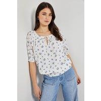 Dorothy Perkins Women's Tie Front Puff Sleeve Embroidered Seersucker Blouse in White | Size: 10