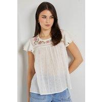 Dorothy Perkins Women's Floral Embroidered Double Frill Angel Sleeve Top in Ivory | Size: 16