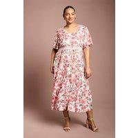 Dorothy Perkins Women's Curve Lace Trim Button Detail Angel Sleeve Printed Midi Dress in Pink | Size: 18