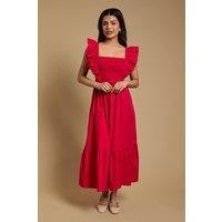 Dorothy Perkins Women's Petite Shirred Bodice Frill Sleeve Tiered Hem Poplin Maxi Dress in Red | Size: 10