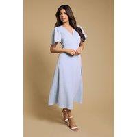 Dorothy Perkins Women's Petite Flutter Sleeve Wrap Midi Dress in Blue | Size: 14