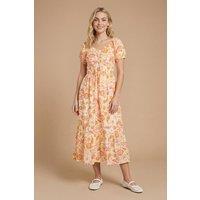 Dorothy Perkins Women's Tie Front Puff Sleeve Printed Midi Dress in Orange | Size: 10