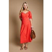 Dorothy Perkins Women's Pleat Button Detail Puff Sleeve Midi Dress in Red | Size: 12