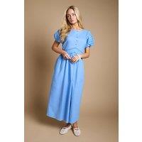 Dorothy Perkins Women's Button Front Puff Sleeve Broderie Midi Dress in Blue | Size: 16