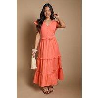 Dorothy Perkins Women's Petite Button Front Frill Sleeve Midaxi Dress in Coral | Size: 6