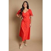 Dorothy Perkins Women's Petite Pleat Button Detail Puff Sleeve Midi Dress in Red | Size: 16