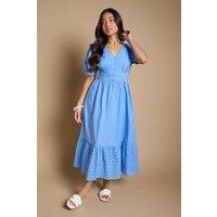 Dorothy Perkins Women's Petite Broderie Lace Trim Puff Sleeve Tiered Poplin Maxi Dress in Blue | Size: 16