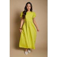 Dorothy Perkins Women's Petite Button Front Puff Sleeve Broderie Midi Dress in Green | Size: 14