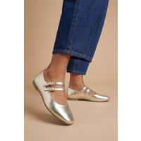 Dorothy Perkins Women's Shirley Faux Patent Leather Double Buckle Flat Ballerinas in Gold | Size: 3