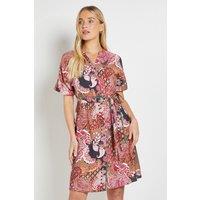 Wallis Women's Petite Paisley Roll Sleeve Shift Dress in Khaki | Size: 14