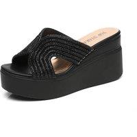 IVACHY Women's Chunky Sole Rhinestone Sparkling Platform Wedge Sandals in Black | Size: 7