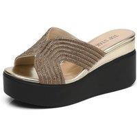 IVACHY Women's Chunky Sole Rhinestone Sparkling Platform Wedge Sandals in Gold | Size: 6