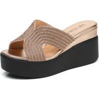 IVACHY Women's Chunky Sole Rhinestone Sparkling Platform Wedge Sandals in Rose Gold | Size: 4