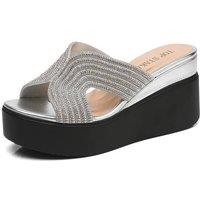 IVACHY Women's Chunky Sole Rhinestone Sparkling Platform Wedge Sandals in Silver | Size: 3