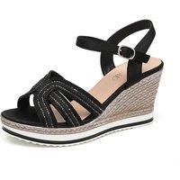 IVACHY Women's Sparkling Glitter Espadrille Ankle Strap Wedge Sandals in Black | Size: 3