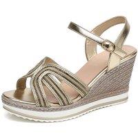IVACHY Women's Sparkling Glitter Espadrille Ankle Strap Wedge Sandals in Gold | Size: 7.5