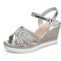 IVACHY Women's Sparkling Glitter Espadrille Ankle Strap Wedge Sandals in Silver | Size: 4