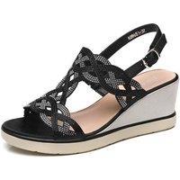 IVACHY Women's Rhinestone Glitter Sparkling Slingback Buckle Strap Wedge Sandals in Black | Size: 6