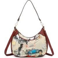 Fontanella Fashion Women's Lunar Elvis Newspaper Printed Top Handle PU Leather Shoulder Bag in Brown