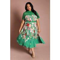 Coast Women's Plus Lace Pleated Placement Print Midi Dress in Green | Size: 24