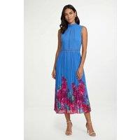 Wallis Women's Petite Floral Lace Insert Pleated Midi Dress in Blue | Size: 14