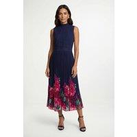 Wallis Women's Floral Lace Insert Pleated Midi Dress in Navy | Size: 16