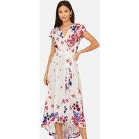 Yumi Women's Floral Mirror Wrap Dress With Dip Hem in White | Size: 16