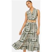 Yumi Women's Viscose Geo Print Midi Shirt Dress With Matching Belt in Olive | Size: 12