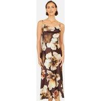 Yumi Women's Satin Cowl Neck Floral Dress in Dark Brown | Size: 16