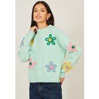 Yumi Women's Green Relaxed Flower Embroidered Jumper | Size: Medium