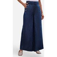 Yumi Women's Blue Chambray Wide Leg Trousers With Button Details in Dark Indigo | Size: 8