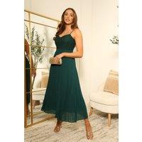 DOUBLE SECOND Women's Strappy Pleated Lace Dress in Dark Green | Size: 8