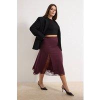 WOVCOR Women's High Waist Midi Skirt with Lace Trim Detail & A-Line Shape in Plum | Size: 2XL