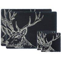 Selbrae House Stag Slate Coaster & Place Mat Set in Black