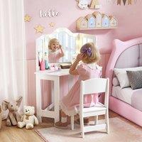 AIYAPLAY Kids Vanity Table & Stool with Lights, Tri-Folding Mirror, White