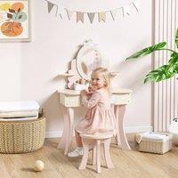 AIYAPLAY Kids Dressing Table, Children Vanity Set w/ Stool, 7 Play Accessories in Pink